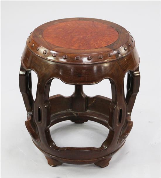 A Chinese rosewood barrel shaped stool, W.1ft 4in.